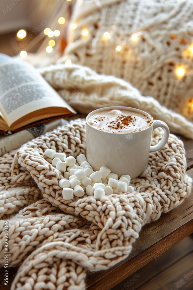 a book on a wooden table with a wool blanket and a cup of warm cocoa with marshmallows a book on a wooden table with a wool blanket and a cup of warm cocoa with marshmallows