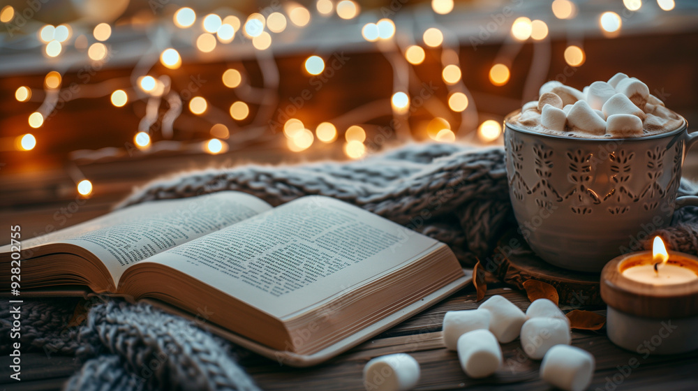 a book on a wooden table with a wool blanket and a cup of warm cocoa with marshmallows a book on a wooden table with a wool blanket and a cup of warm cocoa with marshmallows