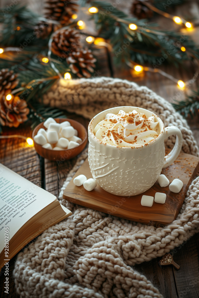 a book on a wooden table with a wool blanket and a cup of warm cocoa with marshmallows a book on a wooden table with a wool blanket and a cup of warm cocoa with marshmallows