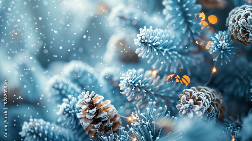 Obraz premium Christmas fir branch with frost and christmas decoration