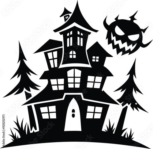 hallowen haunted house silhouette illustration black and white photo