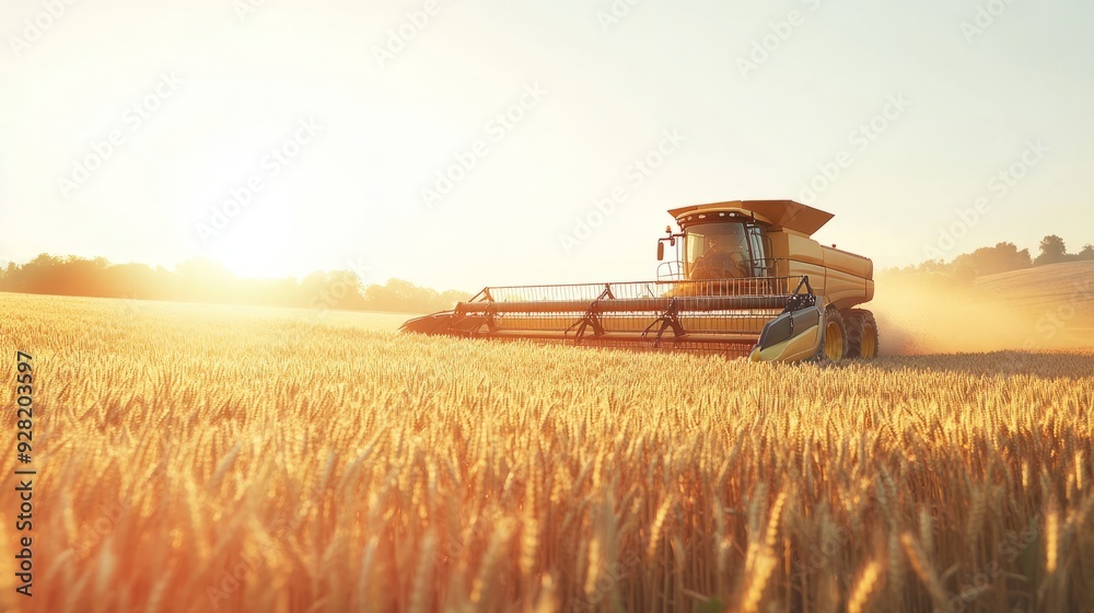 Fototapeta premium Combine harvester tractor on wheat field. Bright sunny positive photo. Agriculture concept. Agro business. Farming. Rural business.