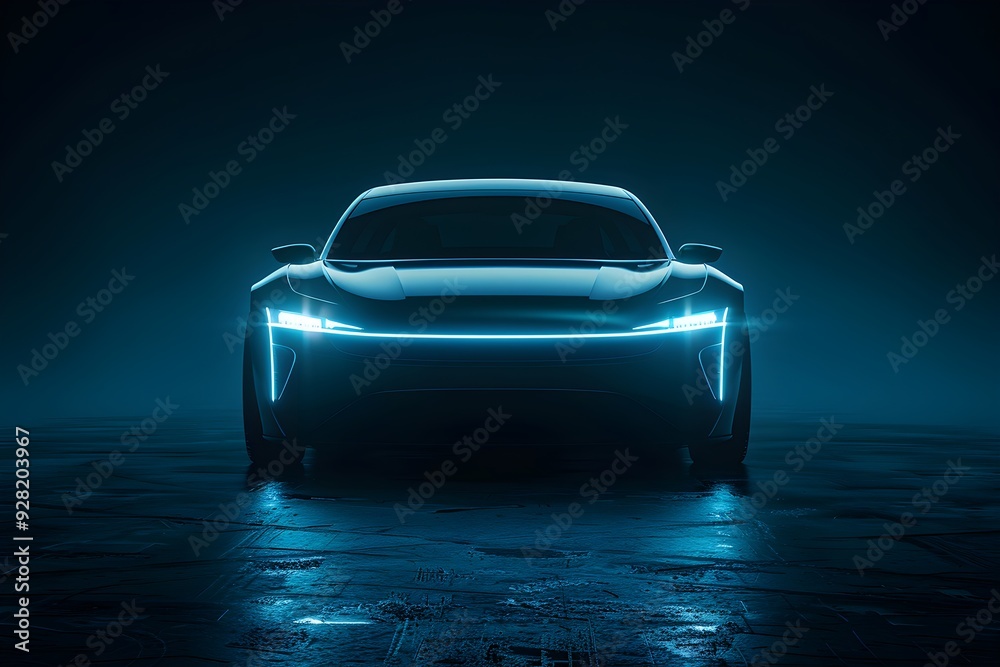 A stylish black car with LED lights on in a dark, closed space. A stylish black car with LED lights on in a dark, closed space.