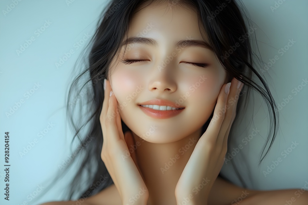 Photo of beautiful woman, clear skin, taken for use in cosmetics, skincare and beauty advertising, photo of beautiful Asian female model with white skin smiling and touching her face Photo of beautiful woman, clear skin, taken for use in cosmetics, skincare and beauty advertising, photo of beautiful Asian female model with white skin smiling and touching her face