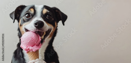 A wonderfully cute photo of a dog eating pink ice cream on a neutral background with space for an inscription. Cat lovers concept. Ice cream advertising concept.