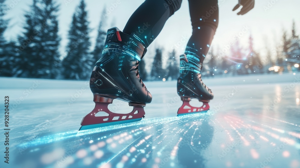 custom made wallpaper toronto digitalSkater gliding on ice with smart skates that track speed and turns, with a digital display of performance metrics floating beside them, Close up.