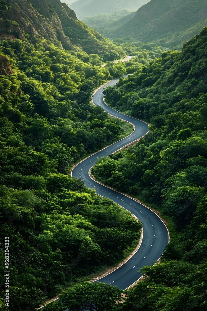 Aerial view of winding road and mountains with green trees in a beautiful landscape perfect for wallpaper Aerial view of winding road and mountains with green trees in a beautiful landscape perfect for wallpaper