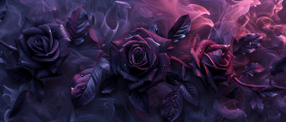 Black and purple roses with purple fire in the background