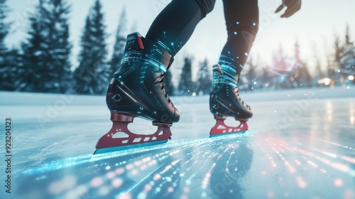 Wallpaper Mural Skater gliding on ice with smart skates that track speed and turns, with a digital display of performance metrics floating beside them, Close up. Torontodigital.ca