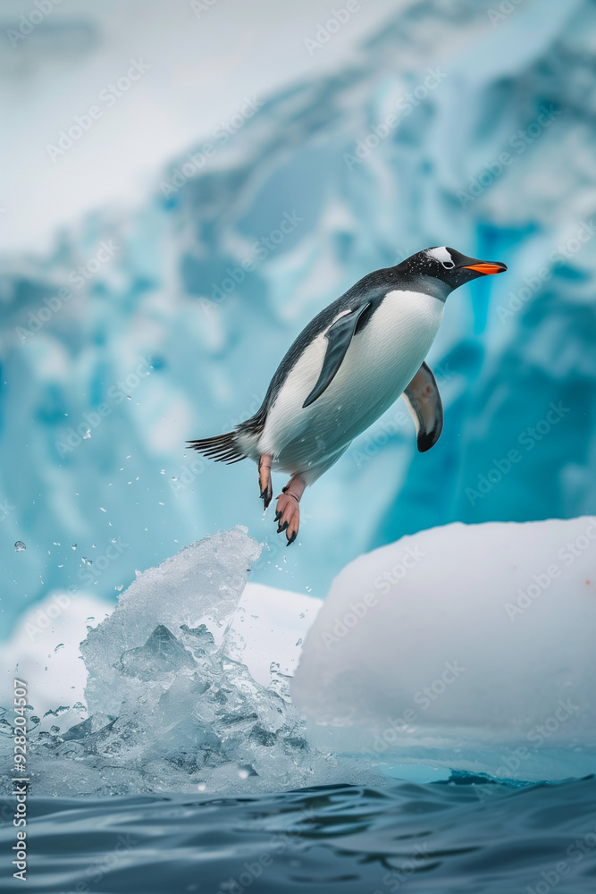 Obraz premium Dynamic Wildlife Photography: A Penguin Leaping from Icy Waters into the Sunlight