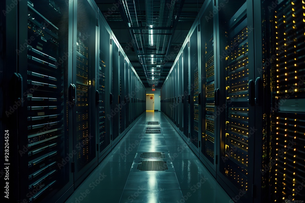 A mechanical, sci-fi scene with a long row of dark servers equipped with LED lights. A mechanical, sci-fi scene with a long row of dark servers equipped with LED lights.