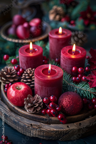 an advent wreath made of green fir branches decorated with red burning candles