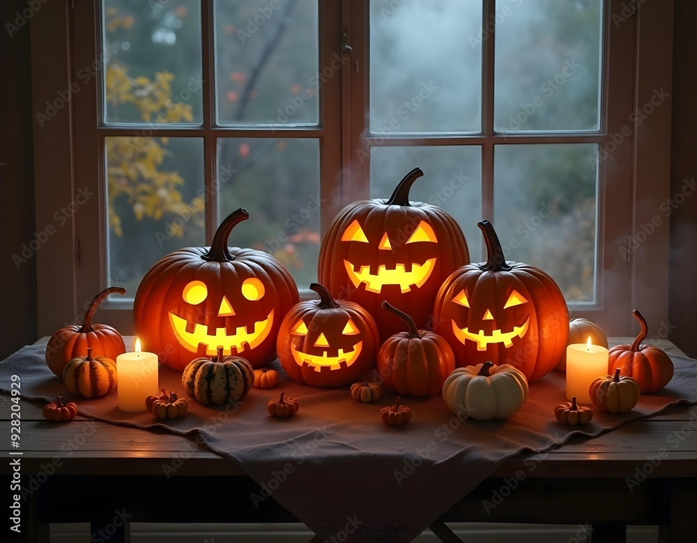 Obraz premium A table with carved jack-o'-lanterns on it and one with the other with the other half of it