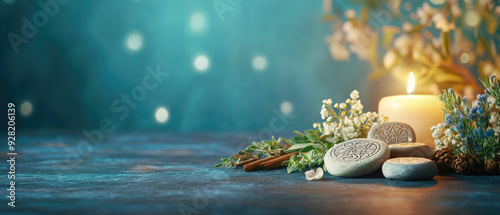 Discover a mystical scene featuring rune stones, flowers, and herbs on a witch's table illuminated by candlelight, perfect for spiritual rituals and witchcraft settings.