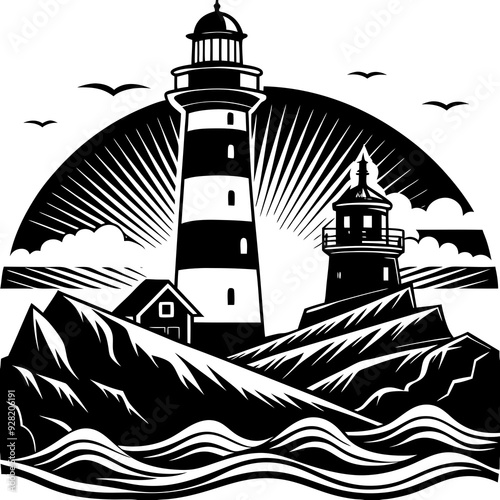 Lighthouses by the sea silhouette vector illustration on white background 