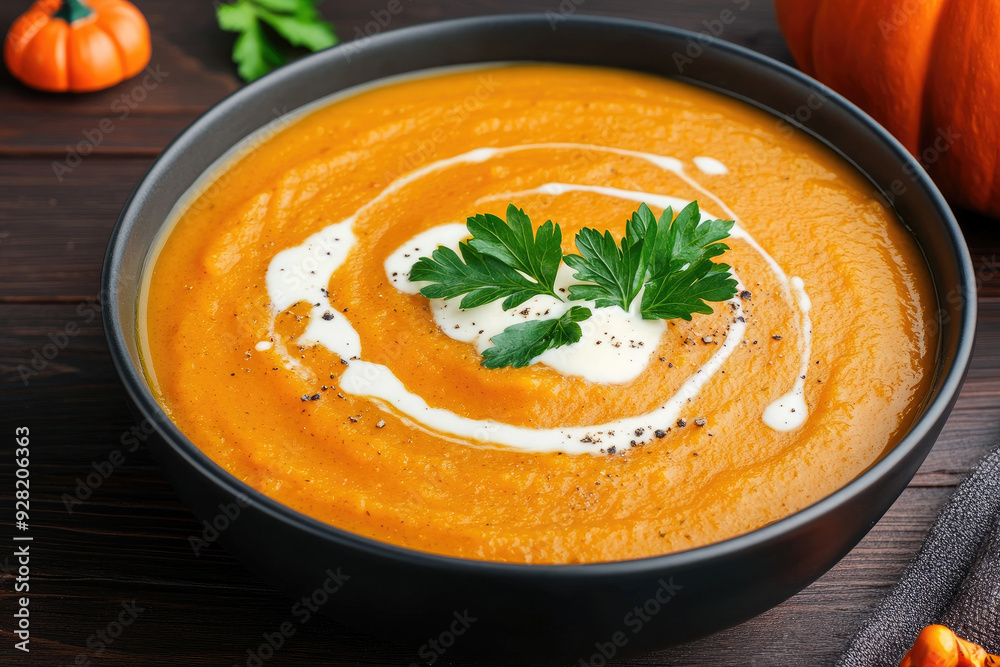 Explore a cozy autumn cream soup featuring pumpkin puree, cream, and parsley, perfect for Halloween, set on a dark wooden background with festive toys. Explore a cozy autumn cream soup featuring pumpkin puree, cream, and parsley, perfect for Halloween, set on a dark wooden background with festive toys.