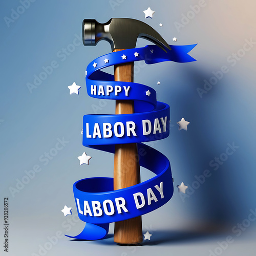 Happy Labor Day  Background Poster Banner, Bold 3D Text  Effect,  American Flag Timecard and Work Tools. photo