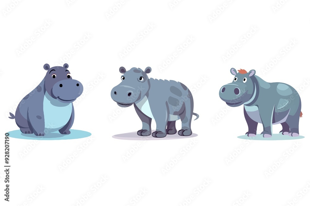 Three cartoon hippos are standing in a row Three cartoon hippos are standing in a row