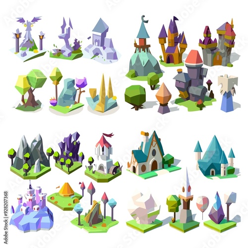 A collection of fantasy buildings and trees