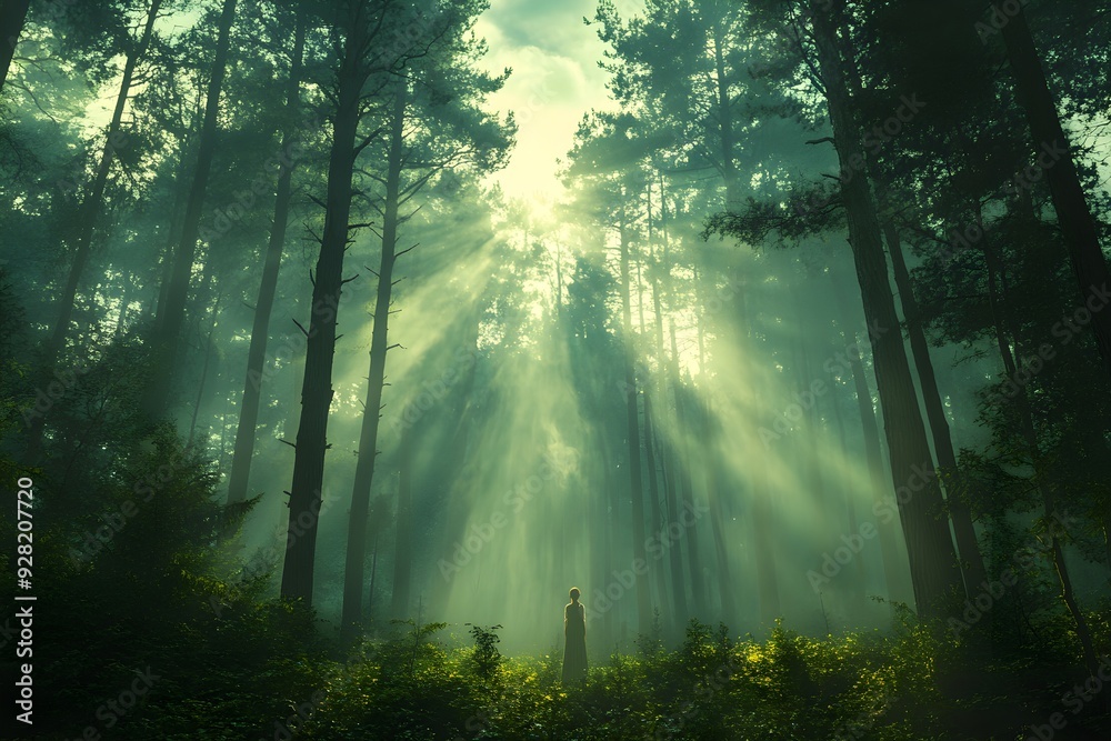 Obraz premium Dreamy photo of a woman's silhouette standing in a foggy dawn forest with tall, lush trees