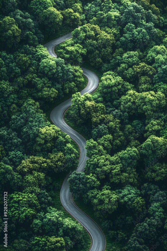 Aerial view of winding road and mountains with green trees in a beautiful landscape perfect for wallpaper