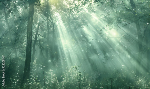 Sunbeams illuminate a misty forest, creating a magical, ethereal atmosphere.