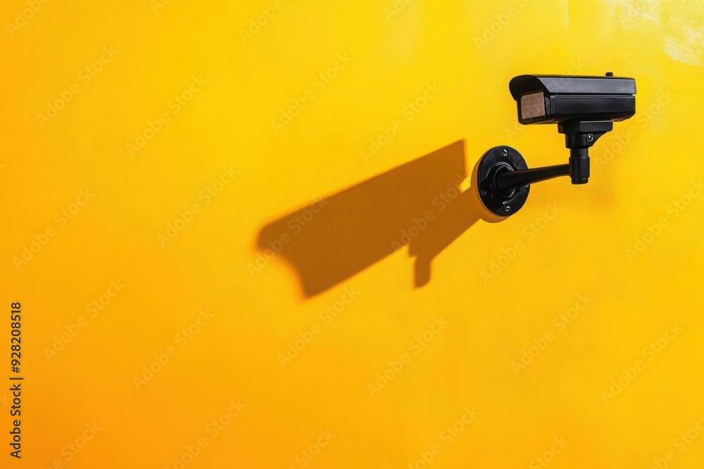 A modern security camera mounted on a vibrant yellow wall, capturing attention and enhancing safety. A modern security camera mounted on a vibrant yellow wall, capturing attention and enhancing safety.