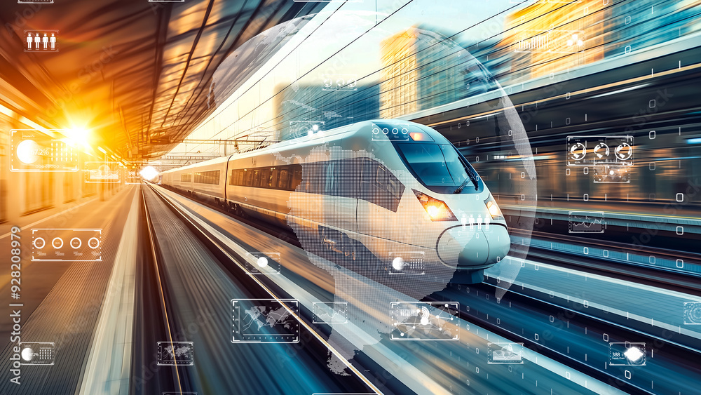 A high-speed train zooming past in a futuristic world, integrated with a global communication network and digital systems A high-speed train zooming past in a futuristic world, integrated with a global communication network and digital systems