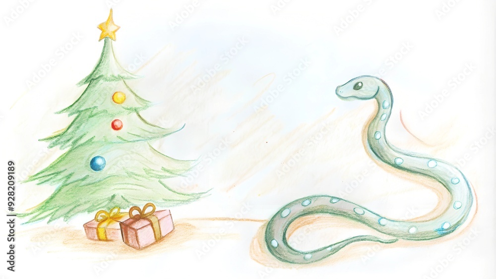 Fototapeta premium An Enchanting and Whimsical Christmas Tree Adorned with a Mysterious and Charming Snake