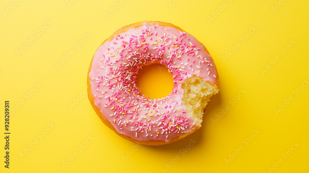Top view of sweet delicious bitten doughnut with multicolored frosted sprinkled isolated on color background, sweet food carving concept Top view of sweet delicious bitten doughnut with multicolored frosted sprinkled isolated on color background, sweet food carving concept