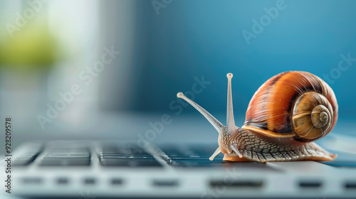 Curious Snail Exploring Technology, a snail slowly glides across a laptop keyboard, highlighting the contrast between nature and modern devices in a serene environment. photo