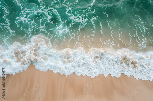 Aerial view of turquoise ocean water with white foam crashing on a sandy beach.