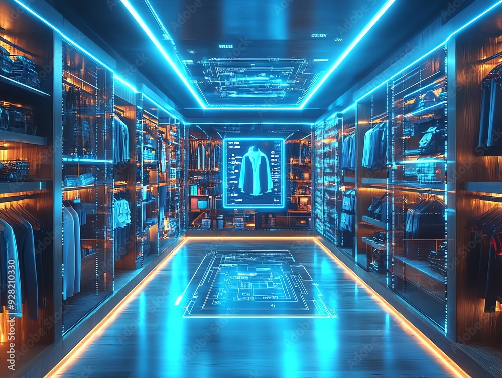Futuristic smart closet with digital display. Futuristic smart closet with digital display.