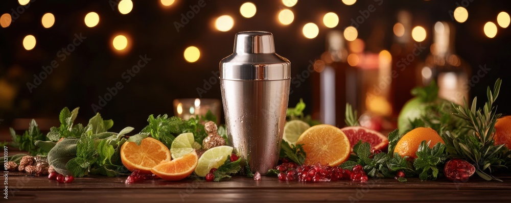 A cocktail shaker is surrounded by fresh fusion ingredients in a rustic bar setting, highlighted by warm ambient lighting. A cocktail shaker is surrounded by fresh fusion ingredients in a rustic bar setting, highlighted by warm ambient lighting.