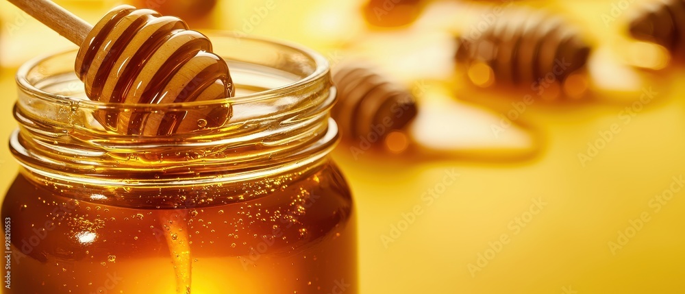 A close-up view of honey in a jar with a wooden dipper, highlighting its golden color and syrupy texture against a yellow background. A close-up view of honey in a jar with a wooden dipper, highlighting its golden color and syrupy texture against a yellow background.