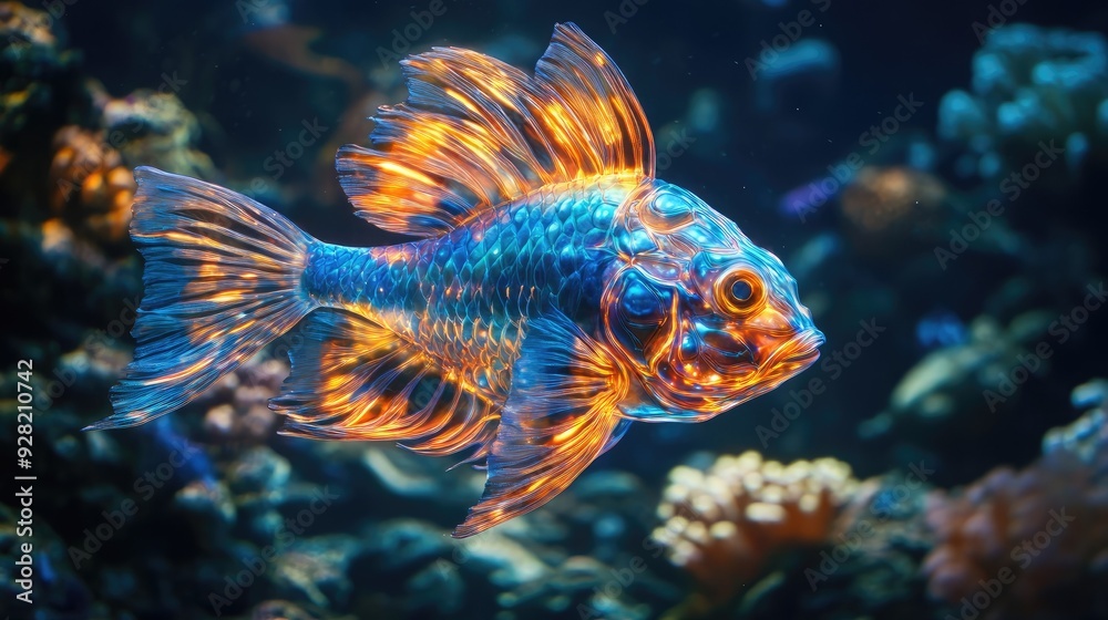 3D photo of a radiant fish with glowing features, enhancing the beauty of the underwater world.