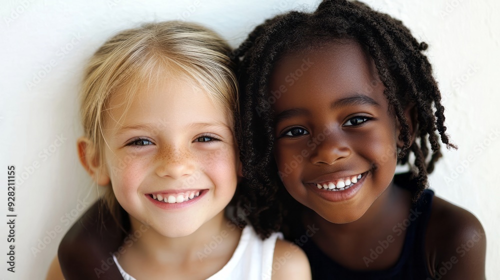 black child and white child smiling and hugging on white background black child and white child smiling and hugging on white background