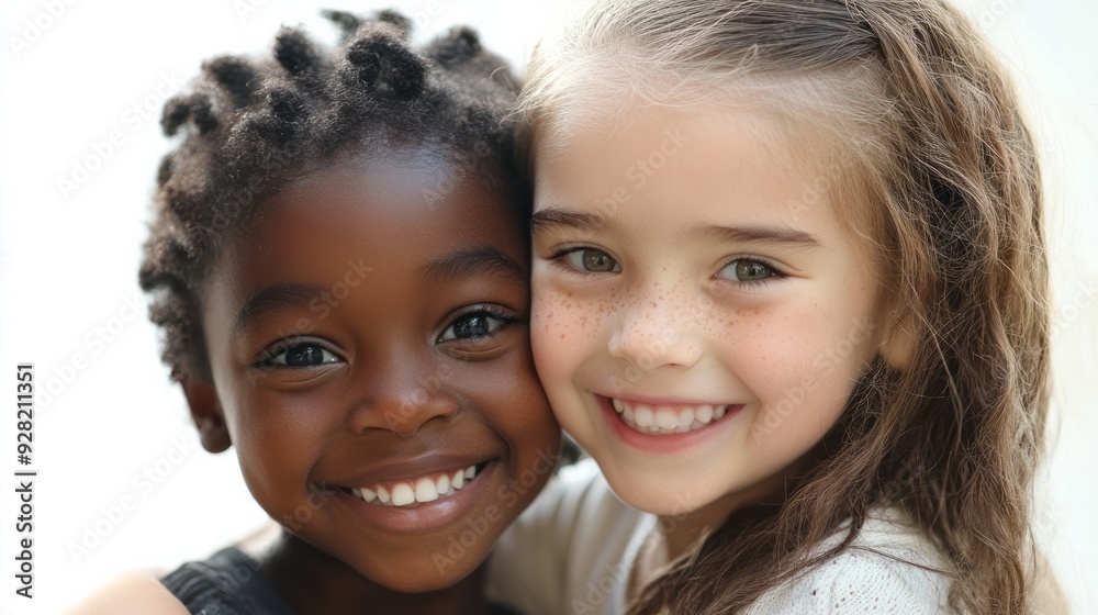 black child and white child smiling and hugging on white background black child and white child smiling and hugging on white background