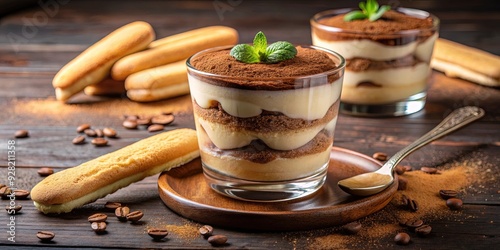 Rich, creamy, and decadent Italian dessert tiramisu, layered with espresso-soaked ladyfingers, mascarpone cheese, and cocoa powder, served in a delicate glass cup.