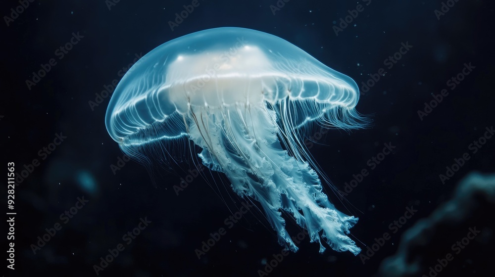 Close-up of a translucent jellyfish drifting in the pitch-black, uninhabited depths of the deep ocean Close-up of a translucent jellyfish drifting in the pitch-black, uninhabited depths of the deep ocean