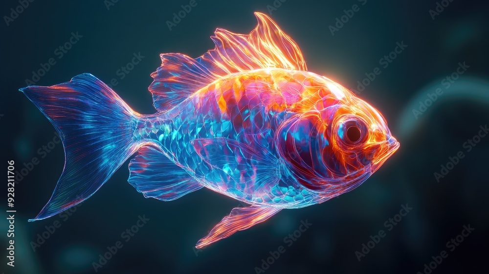 Detailed 3D shot of a radiant fish drifting through the deep sea, its glow piercing the darkness Detailed 3D shot of a radiant fish drifting through the deep sea, its glow piercing the darkness