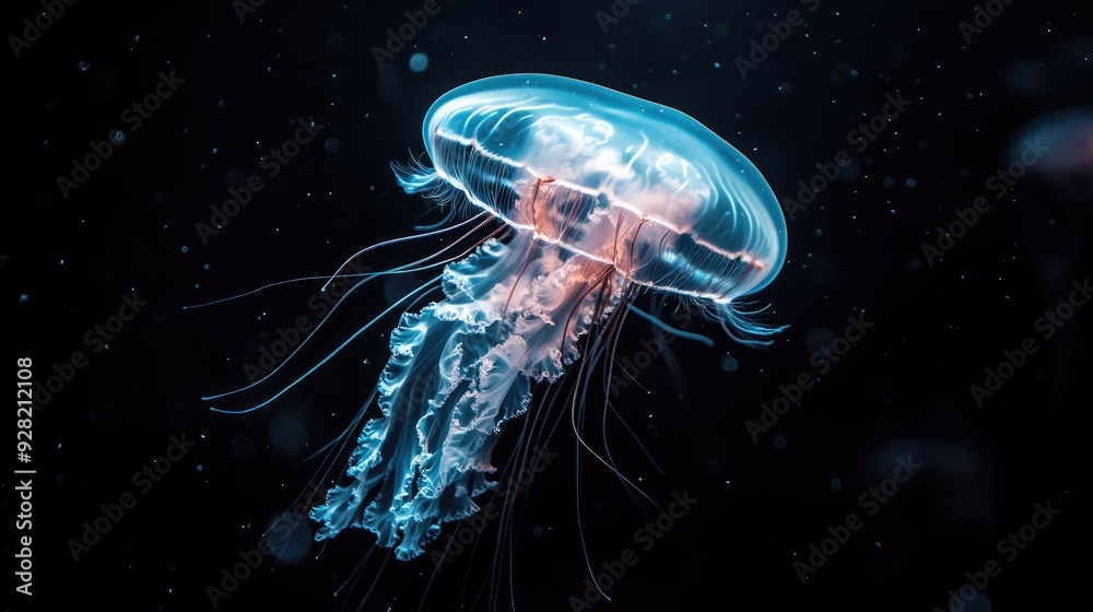 Ethereal jellyfish floating alone in the dark, uninhabited depths of the ocean, captured in stunning close-up Ethereal jellyfish floating alone in the dark, uninhabited depths of the ocean, captured in stunning close-up