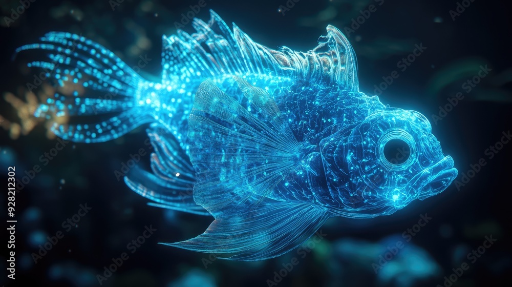 Immersive 3D photo of a glowing fish with intricate light details, captured in the depths of the ocean Immersive 3D photo of a glowing fish with intricate light details, captured in the depths of the ocean