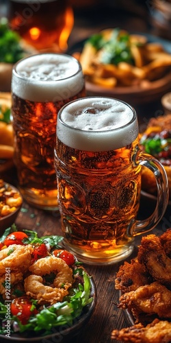 Two mugs of beer surrounded by mexican food and appetizers on wooden table