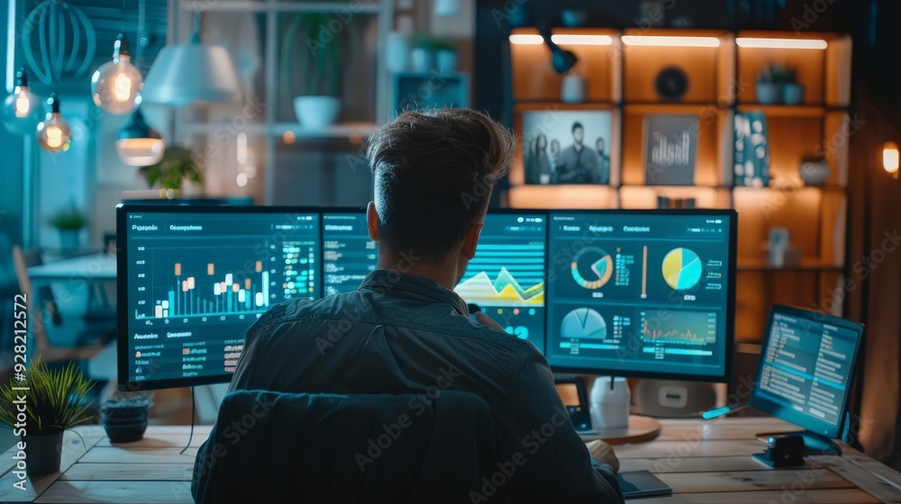 A busy social media marketer analyzing metrics and insights from multiple platforms. The dashboard displays engagement rates, A busy social media marketer analyzing metrics and insights from multiple platforms. The dashboard displays engagement rates,