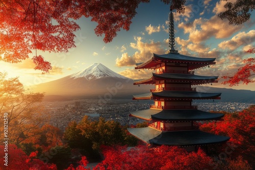 Colorful autumn fall foliage at the Chureito Pagoda with mount Fuji as background in Japan