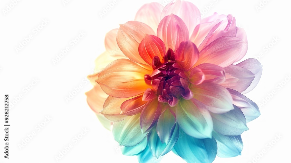 Vibrant multi-colored flower in full bloom against a soft, cloudy white background Vibrant multi-colored flower in full bloom against a soft, cloudy white background