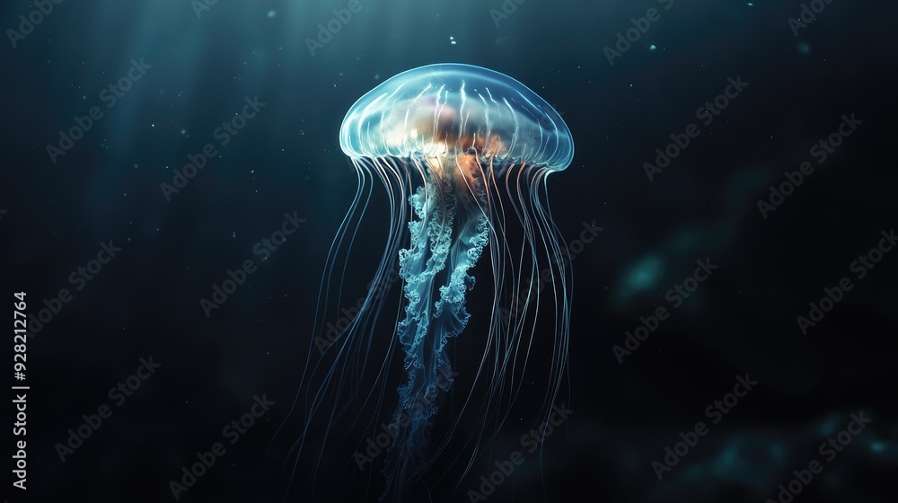 Fototapeta premium Mesmerizing close-up of a jellyfish drifting through the dark, lifeless ocean depths, with its elegant tentacles illuminated