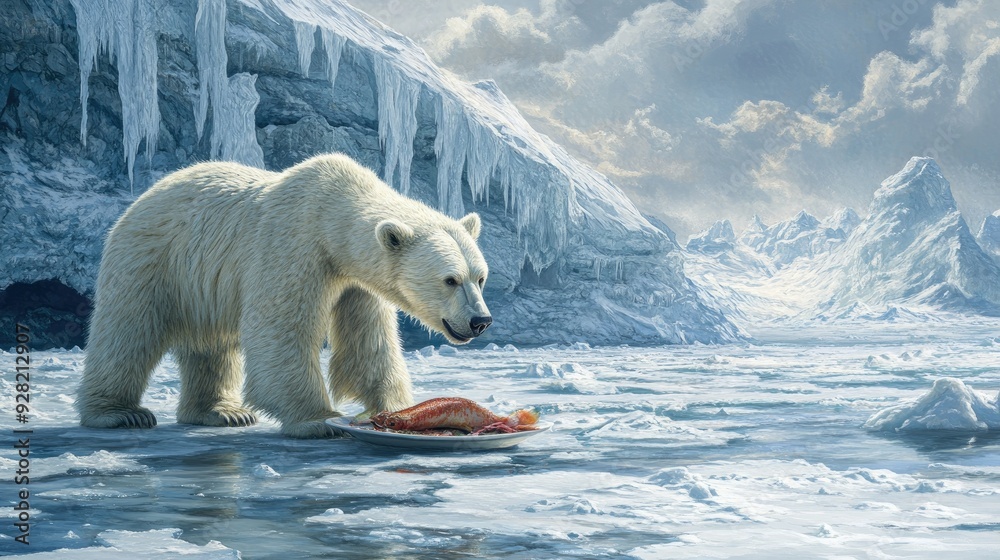 Polar bear enjoying a salmon meal on the ice, with a frozen, desolate Arctic landscape in the background Polar bear enjoying a salmon meal on the ice, with a frozen, desolate Arctic landscape in the background