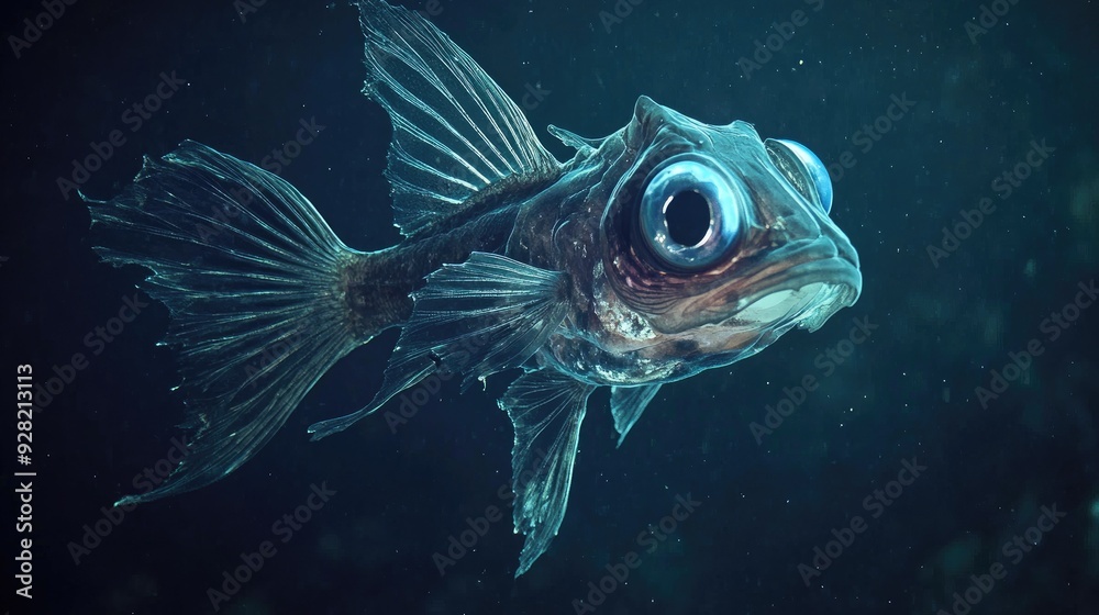 Strange deep-sea fish with an alien-like look, captured in the vast, dark expanse of the uninhabited ocean Strange deep-sea fish with an alien-like look, captured in the vast, dark expanse of the uninhabited ocean